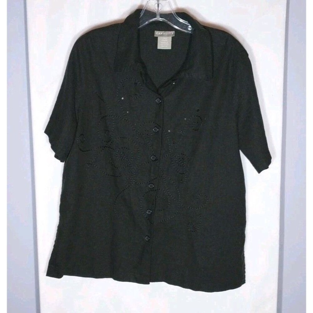 Black Button Up Shirt Linen Blend Women's L Boxy Embroidered Short Sleeve Boho